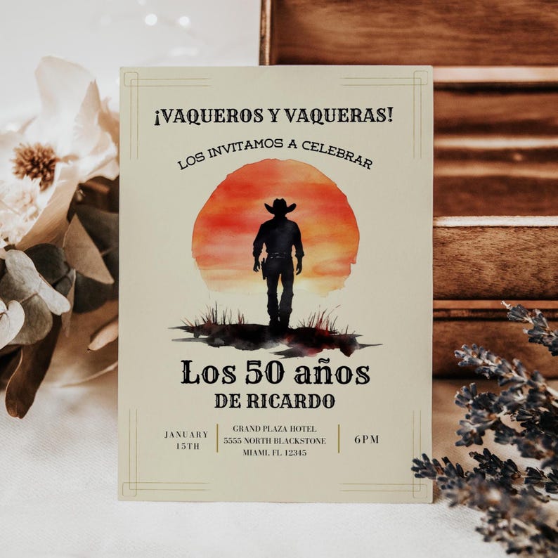 Vaquero 50th Birthday Invitation, Cowboy Birthday, Rodeo Theme, Mens Birthday Invite, Mexican Fiesta, 50th Birthday Idea, 5x7 Canva Template image 3