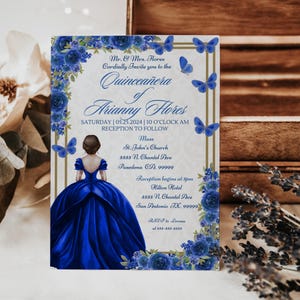 Royal Blue Floral Quinceañera Invitation, Mis 15, Floral Quince Invite for 15th Birthday Party, Editable Digital Download, Template in Canva