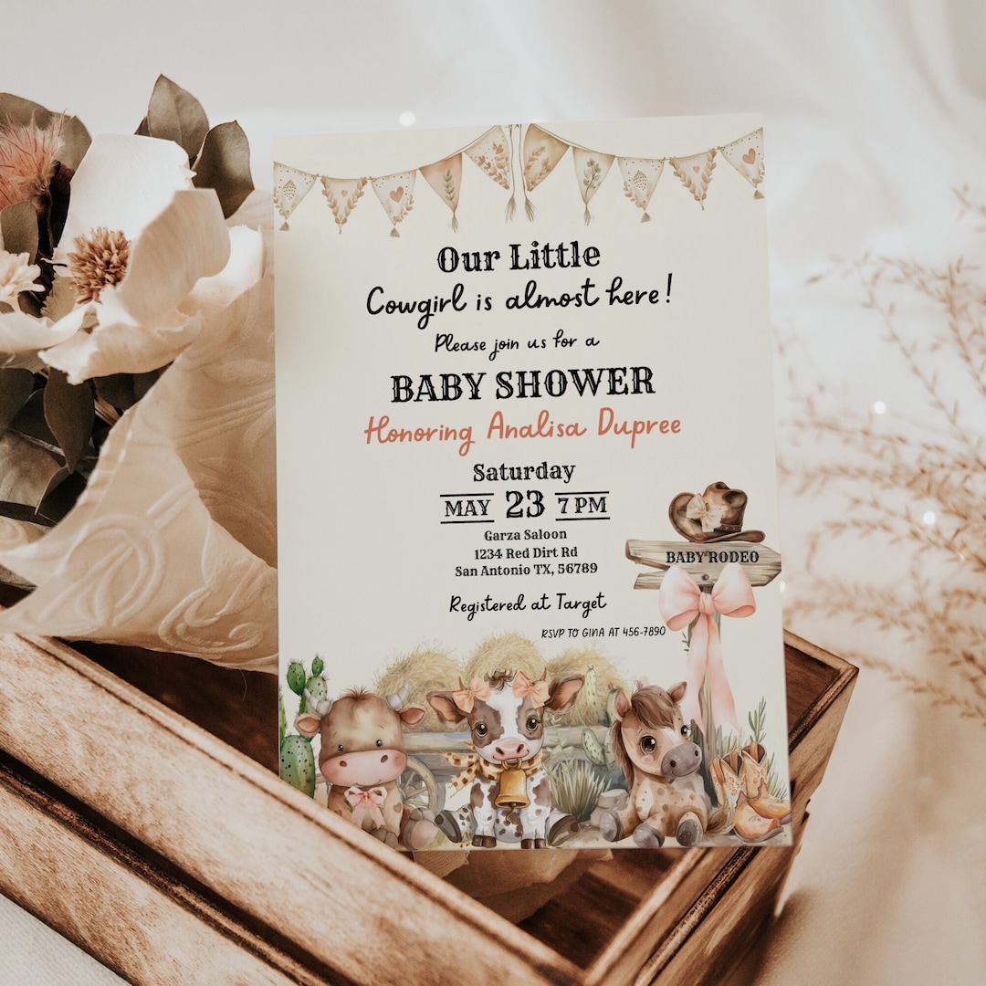 Cowgirl Baby Shower, Baby Girl Shower Invitation, Farm Animal Invite,  Editable 5x7, Party Invitation for Baby Girl, Editable on Canva, L106