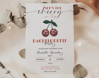 Cherry On Top Bachelorette Invitation, Cherry Bach Party Invite, Disco Cherries, Coquette Cherry, Bach Party, Editable Canva Template, B101