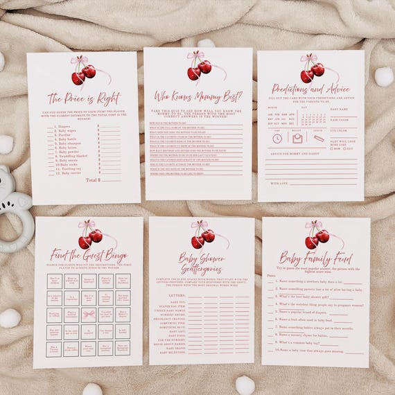 She's the Cherry on Top Baby Shower, 24 Games, Baby Prediction Card, Who Knows Mommy, Guest Bingo, Diaper Raffle, 5x7 Printable Bundle, L111