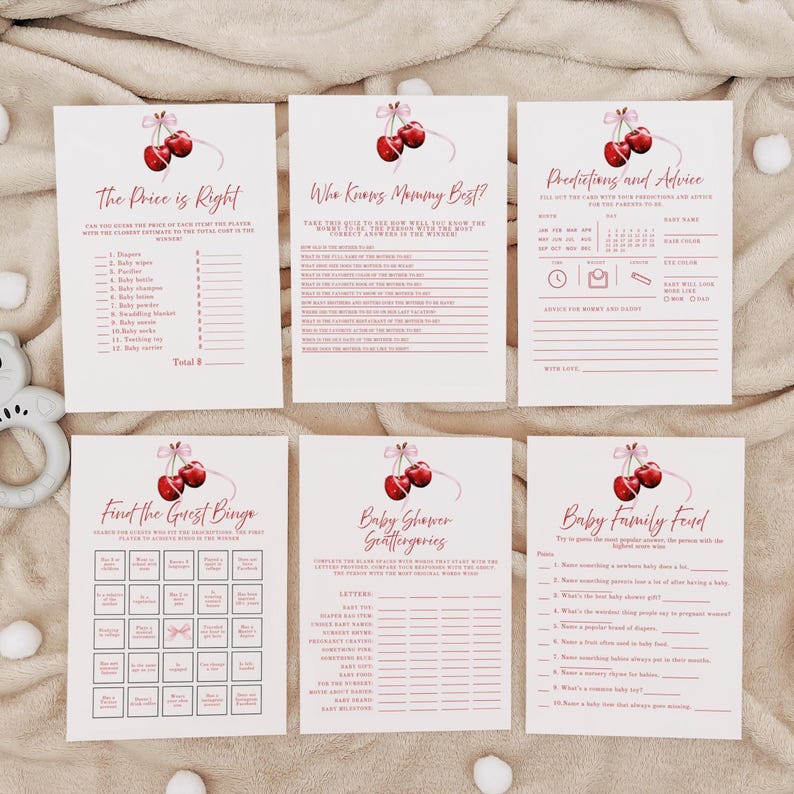 She's the Cherry on Top Baby Shower Games Printable Bundle, Cherry Theme Party, Baby Shower Bingo, Fun Shower Games, Family Feud