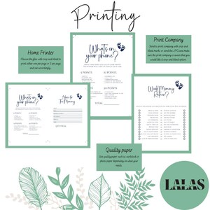 Op de afbeelding: Printbare baby shower-spelkaarten met een groene en witte bloemenachtergrond. De kaarten bevatten de tekst "What's on your phone?" en "Would Mommy Rather?" met een lijst met vragen om te beantwoorden. De kaarten bevatten ook instructies voor het afdrukken en knippen.