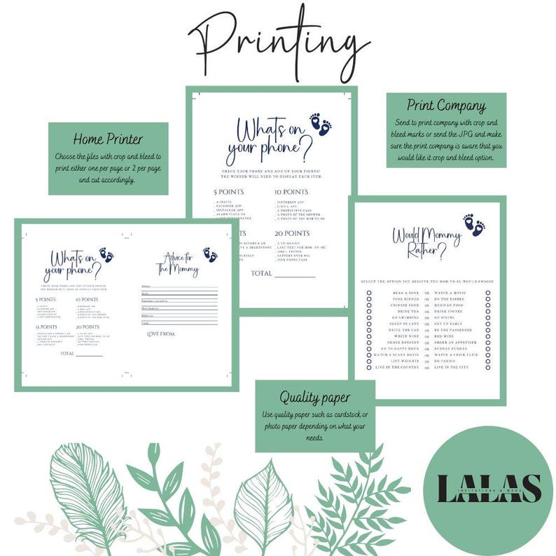 Op de afbeelding: Printbare baby shower-spelkaarten met een groene en witte bloemenachtergrond. De kaarten bevatten de tekst "What's on your phone?" en "Would Mommy Rather?" met een lijst met vragen om te beantwoorden. De kaarten bevatten ook instructies voor het afdrukken en knippen.