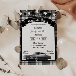 Gangsta Flannel & Friends Low Rider Party Invitation - | Ain&#39;t Nothin&#39; But a Gangsta Party | Editable on Canva  - Double side Option