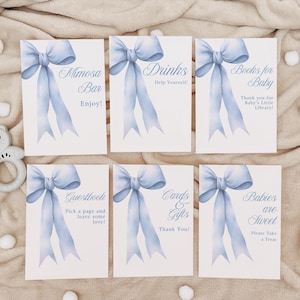 Blue Coquette Bow, Oh Baby Baby Shower Signs, tavolo dei regali, Mimosa Bar, biglietti e regali, cartello da tavolo 5x7 e 8x10 modello modificabile Canva, L113