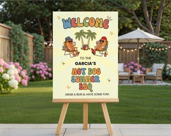 BBQ Welcome Sign, Retro 70s Backyard Pool Party Sign — Hot Dog Summer Editable Canva Template, 3 Sizes, S101