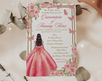 Bearbeitbare Rosa Blumen Quinceamaßa Einladungsvorlage in Canva - Elegante Quitte Einladen für 15.Geburtstagsfeier - Digitaler Download