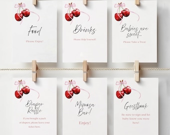 She's the Cherry on Top tafelborden, babyshower, kersenthema, mimosareep, gastenboek, luierloterij, 5 x 7 en 8 x 10 bewerkbaar op canvas, L111