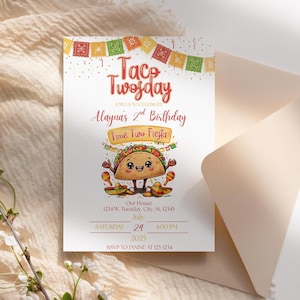 Taco Twosday Birthday Invitation, Mexican Fiesta, Taco Tuesday, 2 Year Old Party, Taco Birthday, Kawaii, Second Birthday 5x7 Canva Template