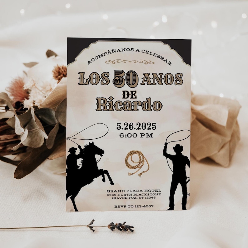 Vaquero 50th Birthday Invitation, Rodeo Theme, Cowboy Birthday, Mens Birthday Invite, Mexican Fiesta, 50th Birthday Idea, 5x7 Canva Template image 2