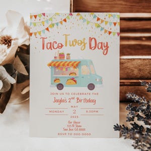 Taco Twosday Invitation, Taco Truck Invite, Mexican Fiesta, Second Birthday, Taco Theme Party, 2 Year Old Pastel Invite, 5x7 Canva Template image 3
