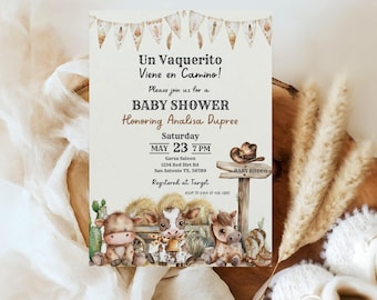 Vaquerito Cowboy Baby Shower, Boy Baby shower Invitation, Farm Animal Invite, Editable 5x7, Party Invite for Baby Boys, Canva Editable, L101