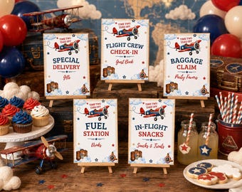 Dessert Table Signs, Airplane Birthday Party Signs — Time Two Take Off Editable Canva Template, 5 Piece Bundle K101