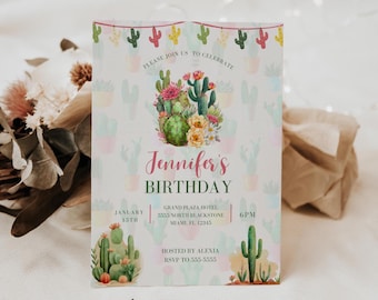 May include: A rectangular birthday invitation card featuring a watercolor cactus theme. The text reads: Please join us to celebrate Jennifer's Birthday, January 15th, Grand Plaza Hotel, 5555 North Blackstone, Miami, FL 12345, 6PM, Hosted by Alexia, RSVP to 555-5555.
