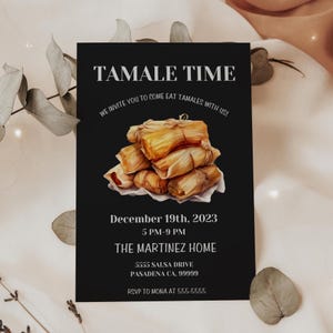 Tamale Time-feestuitnodiging, Mexicaanse uitnodiging, Tamalada-viering, zwarte sjabloon, Tamale-seizoen, bewerkbare 5 x 7 Canva-sjabloon