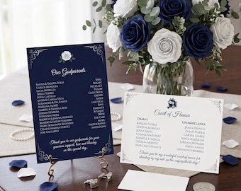 Quinceañera Padrinos List, Corte de Honor Card Template — Elegant Navy Editable Canva Template, Invitation Add-On Set, Q102