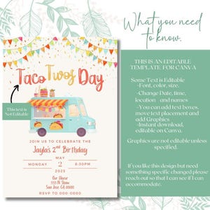 Taco Twosday Invitation, Taco Truck Invite, Mexican Fiesta, Second Birthday, Taco Theme Party, 2 Year Old Pastel Invite, 5x7 Canva Template image 6