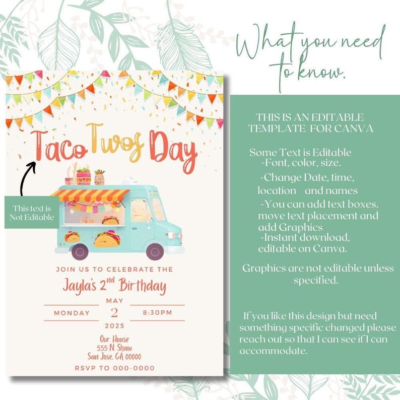 Taco Twosday Invitation, Taco Truck Invite, Mexican Fiesta, Second Birthday, Taco Theme Party, 2 Year Old Pastel Invite, 5x7 Canva Template image 6