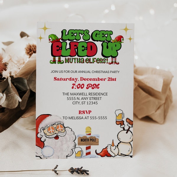 Let's Get Elfed Up Christmas Party Invitation - Santa | Christmas Cocktail Party Invite - Editable on Canva - 5x7 inch