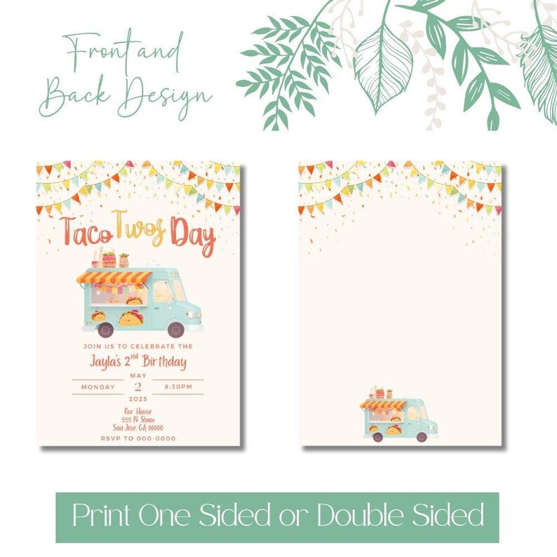 Taco Twosday Invitation, Taco Truck Invite, Mexican Fiesta, Second Birthday, Taco Theme Party, 2 Year Old Pastel Invite, 5x7 Canva Template image 7