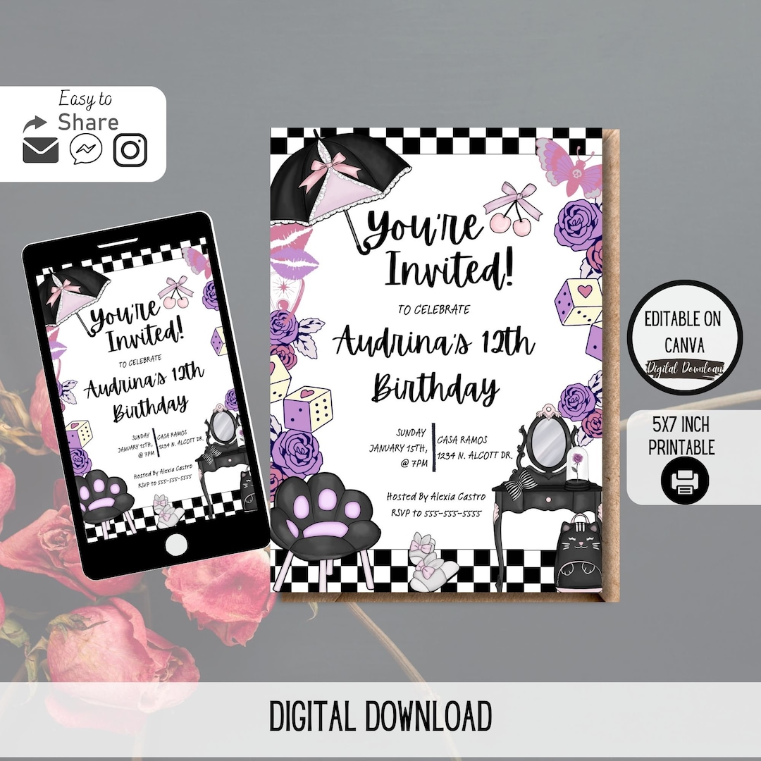 Editable Goth Girls Birthday Invitation - 5x7 | Darkly Elegant Party ...