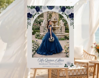 Quinceañera Photo Sign, Navy Floral Mis Quince Años Poster — Elegant Navy Editable Canva Template, 18x24 & 24x36, Q102