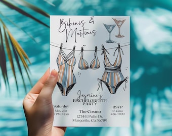 Bikinis and Martinis Bachelorette Invitation, 5x7 Invite, Martini Party Theme, Retro Bachelorette Party Template Edit on CANVA, B104