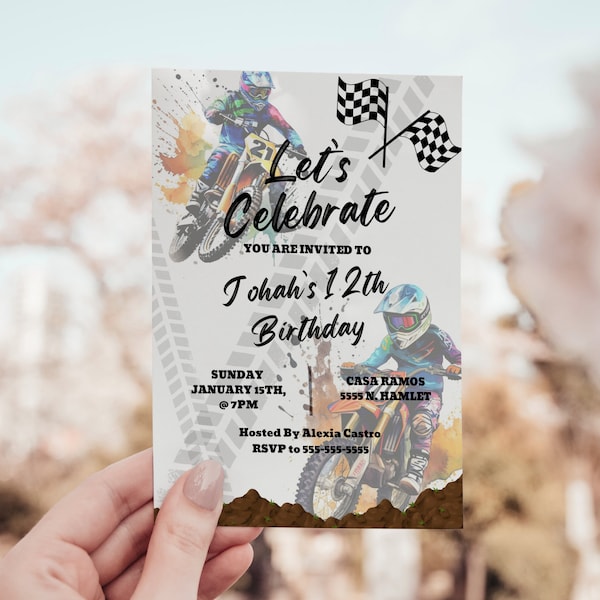 Faire-part d'anniversaire modifiable pour enfants Motorcross pour garçons - 5 x 7 | Invitation à une fête d'aventure en moto tout-terrain | CANVA modifiable