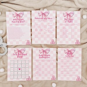 Roze strikcoquette, babyshowerspelbundel, babyvoorspellingskaart, prijs is goed, schattig roze geruit, Instant Download 5 x 7 afdrukbaar, L103