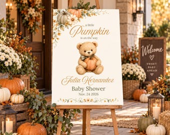 Baby Shower Welcome Sign - A Little Pumpkin Sage Green Fall Editable Canva Template, 3 Sizes, L106