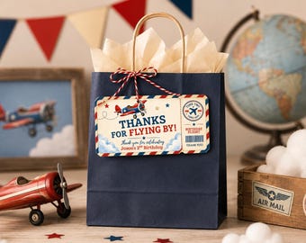 Printable Gift Tags, Airplane Birthday Party - Time Two Take Off Boarding Pass Favor Tag Editable Canva Template K101