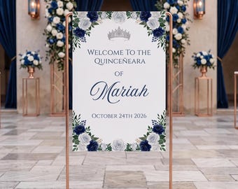Quinceañera Welcome Sign, Navy Blue Printable Welcome Sign Template — Elegant Navy Editable Canva Template, Q102