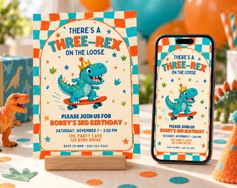 Three-Rex Dinosaur Invitation - Skateboarding 3rd Birthday Canva Template