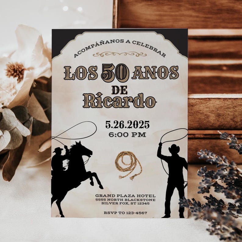 Vaquero 50th Birthday Invitation, Rodeo Theme, Cowboy Birthday, Mens Birthday Invite, Mexican Fiesta, 50th Birthday Idea, 5x7 Canva Template image 3