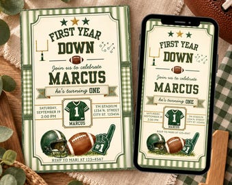 First Down 1st Birthday Invitation - Vintage Football Editable Canva Template U102