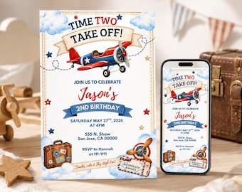 Airplane Birthday Invitation, 2nd Birthday Boy Invite — Time Two Take Off Editable Canva Template, 2-in-1 Bundle K101