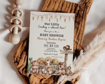 Cowboy Baby Shower, Boy Baby shower Invitation, Farm Animal Shower Invite, Editable 5x7, Party Invitation Baby Boys, Canva Template, L102