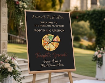 Pizza Rehearsal Dinner Welcome Sign | Love at First Slice Wedding Sign | 3 Sizes Editable Canva Template | W104