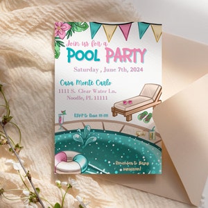 Cute Colorful Pool Party Invitation Template, Summer Invitation, Editable Canva Template, Instant Download, Printable