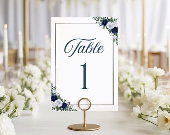 Navy Blue Table Number Signs, Printable Wedding Table Numbers 1-20 — Elegant Navy Editable Canva Template, Q102