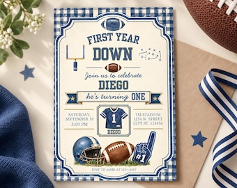 First Down 1st Birthday Invitation - Vintage Football Editable Canva Template U103