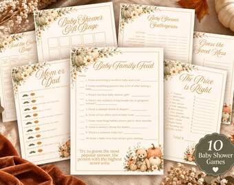 10 Baby Shower Games - A Little Pumpkin Sage Green Fall Printable Bundle, Editable Canva Template, L106
