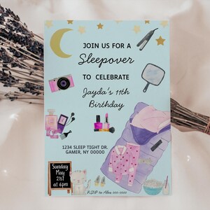 Girl&#39;s Slumber Birthday Party Invitation, Slumber Spa Party Invite, Pajama Party, Sleepover Makeup Party Invitation, 5x7 Editable on Canva