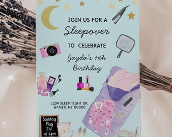 Girl's Slumber Birthday Party Invitation, Slumber Spa Party Invite, Pajama Party, Sleepover Makeup Party Invitation, 5x7 Editable on Canva