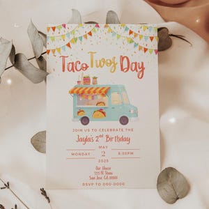 Taco Twosday Invitation, Taco Truck Invite, Mexican Fiesta, Second Birthday, Taco Theme Party, 2 Year Old Pastel Invite, 5x7 Canva Template image 1