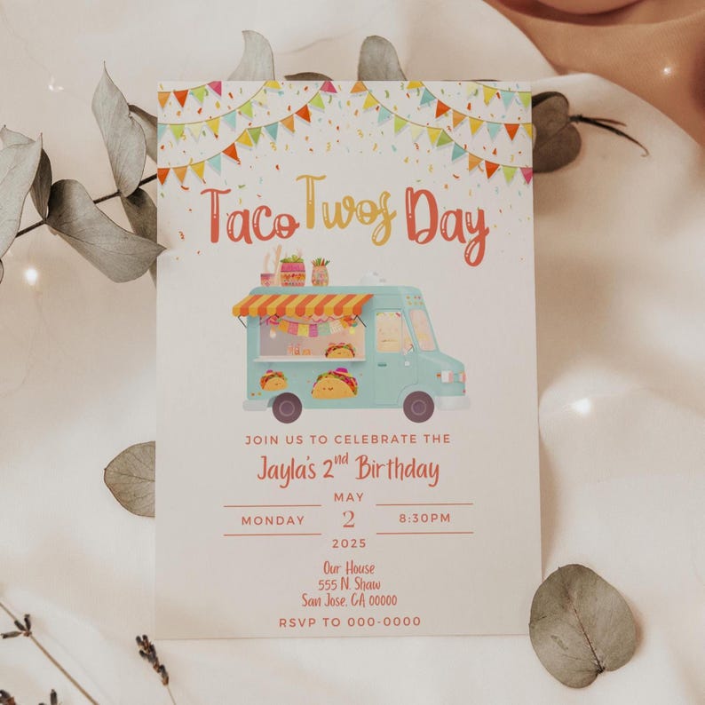 Taco Twosday Invitation, Taco Truck Invite, Mexican Fiesta, Second Birthday, Taco Theme Party, 2 Year Old Pastel Invite, 5x7 Canva Template image 1