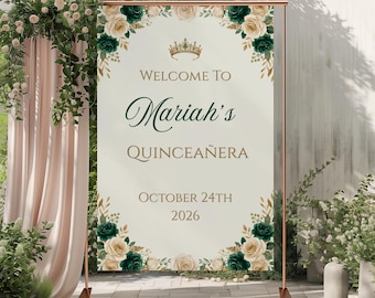 Quinceanera Welcome Sign, Emerald Gold Guest Poster — Emerald Elegance Editable Canva Template, 18x24 & 24x36, Q101