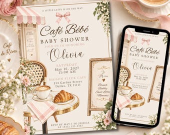 Cafe Bebe Baby Shower Invitation: French Cafe Editable Canva Template | L109