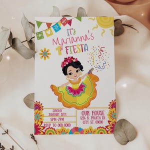 My First Fiesta, Girl Party Invitation, Fiesta Birthday, Mexican Fiesta Theme, Taco Party, Colorful Fiesta Invite 5x7 Editable on Canva A101